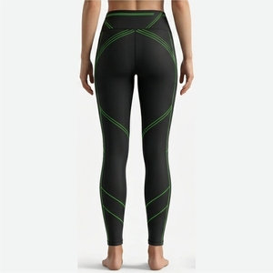 Leggings longs taille haute pour femmes, noirs avec décoration de ligne verte brillante, extensibles, respirants, style compression, toutes saisons - Product Image 2