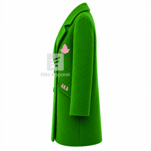Manteau long en laine personnalisé Alpha Kapa Alpha, logo brodé sur le devant, couleur vert et rose, manches longues, pour femme. - Product Image 4