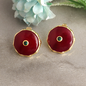 Classy women jewelry ruby jade geometric round <b>studs</b> with tiny <b>emerald</b> cz inlay 18k gold plated texture brass metal <b>stud</b> <b>earring</b> - Product Image 4