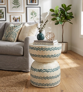 Handcrafted Eco Friendly Hourglass <b>Stool</b> Mother of Pearl Pattern Accent Side <b>Table</b> for Living Room, Garden Accent from Vietnam - Product Image 4