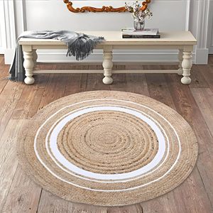 Alfombra Redonda de Yute Natural, Hecha a Mano, Acolchada, con Rayas, Estilo Boho, para Sala de Estar - Product Image 5