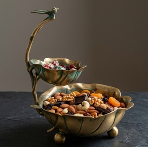 Antique Brass Two-Tier Nut <b>Bowl</b> with Bird Design <b>Metal</b> Leaf Shaped Serving Stand - Product Image 1