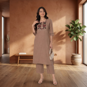 Women Cotton Embroidered <b>Kurti</b> With Matching Pants Casual Loose Fit Indian Pakistani Style Set - Product Image 1