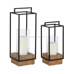 Premium 2-Piece Iron Wire <b>Lantern</b> <b>Set</b> • Industrial Cuboid Glass Hurricane Centerpiece - Product Image 5