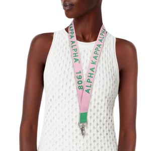 Alpha Kappa Alpha AKA Pink & Green Canvas Lanyard with 1908 Embroidery Badge Clip ID Card <b>Holder</b> Neck Strap Sorority Accessory - Product Image 2