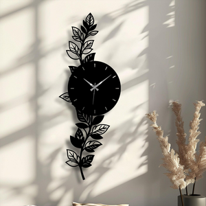 Botanical Leaf Metal <b>Wall</b> <b>Clock</b>, Modern Nature Inspired Steel <b>Decor</b> - Product Image 2