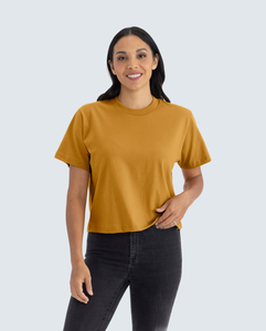 T-shirt col rond pour femme, couleur moutarde, manches courtes, coupe ample, couleur unie, décontracté, tissu jersey 100% coton, toutes saisons - Product Image 4