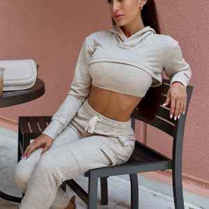 Sweat-shirt à capuche court pour femme, gris chiné, manches longues, en mélange de coton tricoté, couleur unie, style décontracté automne - Product Image 3