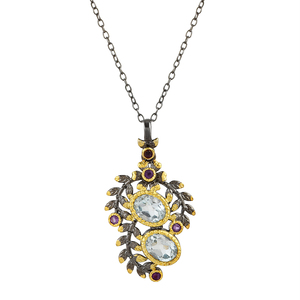 Nuevo Collar con Colgante de Hoja de Plata de Ley 925 Chapado en Oro con Gema de Amatista y Topacio Azul, Engaste de Bisel y Diseño de Planta - Product Image 1