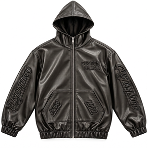 Veste à capuche en similicuir personnalisée pour homme avec logos en relief, fermeture éclair intégrale, style streetwear - Product Image 2