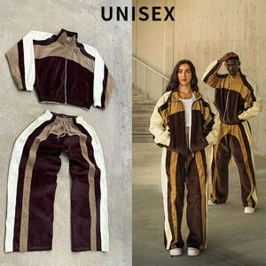 Conjunto unisex de sudadera con capucha y pantalones de chándal con cremallera, diseño personalizado, estilo urbano oversize, chaqueta de chándal de pana con patchwork para correr - Product Image 3