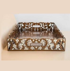 Bandeja de café de madera premium con incrustaciones de mosaico de nácar auténtico estilo sirio, bandeja decorativa para servir. - Product Image 5