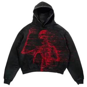 Sudadera con Capucha Negra para Hombre, Estampado de Calavera y Llamas, Algodón, Estilo Otoñal, Manga Regular, Logotipo Tejido en la Espalda - Product Image 4