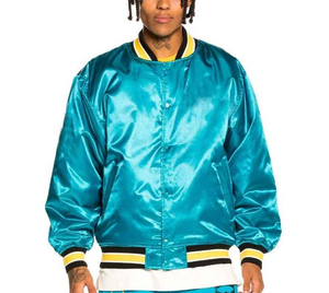 Men's Teal Satin Bomber Jacket With Yellow Black Trim Regular Fit Casual Autumn Wear - Product Image 1