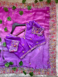 Very Soft elegant Rich look fandy <b>satin</b> padding fabric with beautiful thread work border Paired with fully stitched embroidery - Product Image 2
