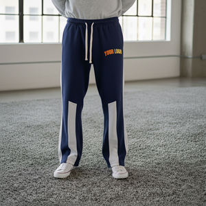 Pantalon de survêtement bleu marine pour homme avec logo personnalisé, bande latérale blanche, taille élastique, pantalon décontracté en tricot, vêtements d'automne - Product Image 1