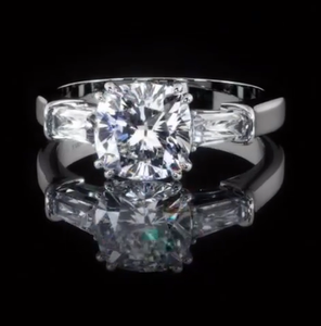 1.10 CT Lab Grown <b>Cushion</b> Cut Diamond Engagement Ring Baguette Side Stones Plan Band <b>Filled</b> 14K White Gold Classic Unisex - Product Image 1