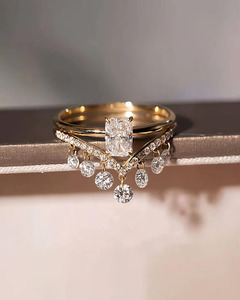 Custom Jewelry 14K Solid <b>Gold</b> Radiant-Cut Lab Grown Diamond Engagement <b>Ring</b> <b>Set</b> with Dangle Droplet Chevron Fringe Stacking <b>Ring</b> - Product Image 2