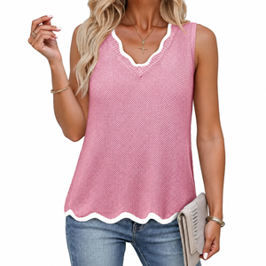 Débardeur tricoté rose grande taille à col rond sans manches avec logo frontal, tenue décontractée d'été pour femme, longueur standard, couleur unie - Product Image 1