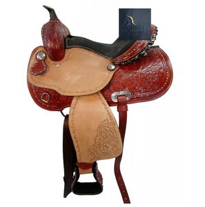 Maroon Tooled Leather Western Barrel Racing Saddle Floral Carving Black Crystal <b>Studded</b> Metal Conchos Seat <b>Plastic</b> 10"-18" Inch - Product Image 1