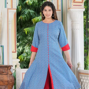 Womens Blue Rayon Geometric Printed A Line Kurta With Round Neck <b>Three</b> Fourth Sleeves Designed For Global Ethnic Casual Wear - Product Image 1