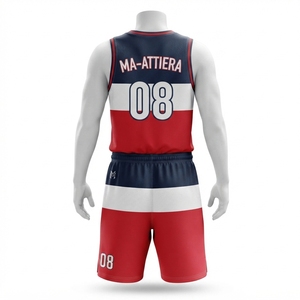 Ensemble de maillot et short de basket-ball personnalisé, couleurs bleu marine, blanc et rouge, respirant, en mesh, uniforme sportif - Product Image 4