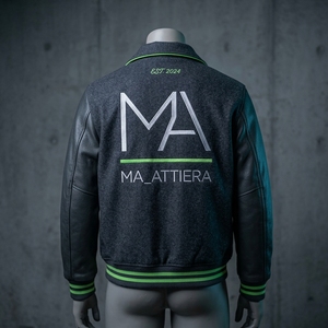 Chaqueta Letterman para Hombre, Color Carbón, Cuerpo de Lana, Mangas de Cuero Negro, Ribete Verde, Bordado Personalizado, Estilo Bomber, OEM, ODM - Product Image 5