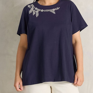 New Arrival 100% Cotton Spandex Loose Oversized Floral Beaded Embroidered Women's Blue Short Sleeve Quick Dry T-Shirts - Product Image 5