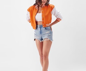 Embroidered Women Cropped Varsity <b>Jacket</b> Manufacturer | Custom Logos-Eco-Friendly Windproof Wool/Polyester Winter - Product Image 5