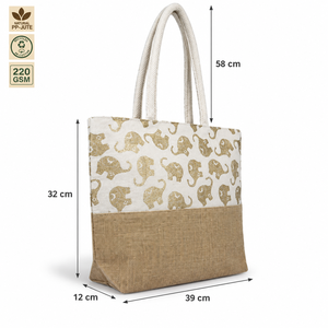 Elephant Print <b>Beach</b> <b>Tote</b> <b>Bag</b> 39x32x12 cm Jute Cotton Canvas 58 cm Handle Reusable Travel Shopping Custom Logo Wholesale ODM B2B - Product Image 3
