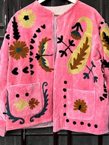 Vintage Pink <b>Velvet</b> Embroidered Floral Suzani <b>Jacket</b> With Handmade Pattern Boho Full Sleeve O-Neck <b>Women's</b> Autumn Outerwear - Product Image 5