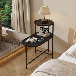 Black Wooden 2-Tier Oval End <b>Tables</b> <b>with</b> <b>Storage</b> Tray <b>Round</b> Coffee <b>Table</b> and Small <b>Side</b> <b>Table</b> for Living Room Console <b>Tables</b> - Product Image 2