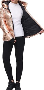 <b>Women's</b> Rose Gold Metallic Quilted Hooded Puffer Jacket Full Sleeve Winter <b>Coat</b> with Zipper Closure - Product Image 4