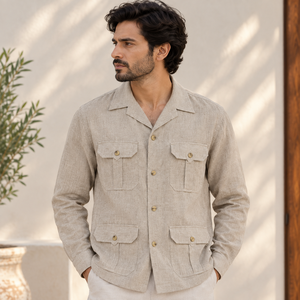 Giacca Utility da Uomo 100% Puro Lino, Manica Lunga, Multi Tasche, Bottoni Frontali, Stile <span class=keywords><strong>Safari</strong></span> Casual, Produttore di <span class=keywords><strong>Abbigliamento</strong></span> all'Ingrosso - Product Image 1