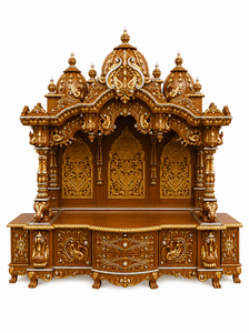 Mandir de Pooja de Madera de Gran Tamaño con Acabado Dorado Antiguo, Templo de Pooja Tradicional de Madera de Teca Tallada a Mano con Santuario Interior, EE. UU. - Product Image 3