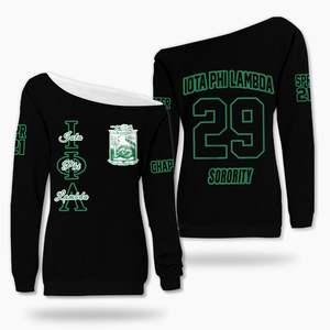 Sweat-shirt personnalisé Iota Phi Lambda à épaules dénudées, noir et vert émeraude, pour la sororité Iota Phi Lambda - Product Image 3