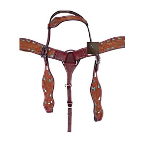 Conjunto de cabezada y pechera para caballo estilo western, cuero marrón con adornos florales y incrustaciones de turquesa, equipo de equitación para rodeo ASHMIRA EQUESTRIAN - Product Image 3