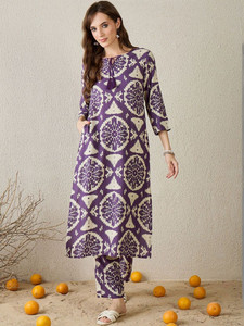Damen Lila Ikat-Bedrucktes Baumwoll-Kurta-Set Reguläre Passform Knielang Ethnischer Stil Lässige Hochzeitskleidung Schnelltrocknend Für Alle Jahreszeiten Indien - Product Image 3