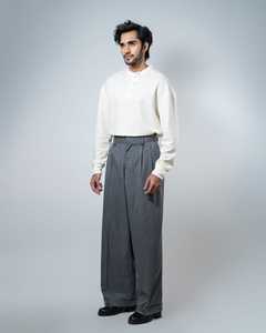 <b>Men's</b> Grey <b>Pinstripe</b> Pleated Wide Leg Formal Elastic Waist <b>Trousers</b> Wholesale OEM ODM Cuffed Hem Business Casual Bulk - Product Image 5