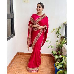 ผ้าส่าหรีงานปักลายผ้าจอร์เจียแบบมีหลายชิ้นสีชมพูแฟชั่น - Product Image 1