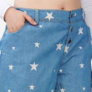 <b>High</b> <b>Waist</b> Star Print Denim Shorts Women Casual Button Fly Washed Cotton Regular Fit Short <b>Pants</b> - Product Image 3