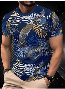 T-shirt à manches courtes pour hommes, imprimé floral bleu, coupe régulière, col rond, respirant, en polyester, vêtements décontractés, T-shirt graphique décontracté pour hommes - Product Image 2