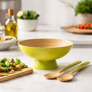 Handmade Spun Bamboo <b>Serving</b> Bowl Set with Spoon and Fork Kitchenware Bamboo Salad Bowls Food Fruit made in Vietnam - Product Image 4