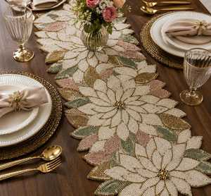 Handmade Beaded Solid Stripe <b>Table</b> <b>Runner</b> Luxury Dining <b>Table</b> Decor Ivory Gold Bead Embroidery Polyester/Cotton Wedding Gift - Product Image 2