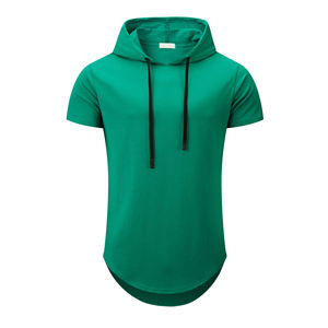 T-shirt à capuche à cordon de serrage pour homme, manches courtes, capuche réglable, uni, décontracté, été, pull-over, personnalisable - Product Image 1