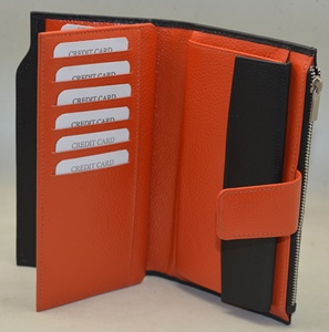 Portefeuille long en cuir véritable avec fermeture éclair et fermoir, couleur orange et noir, design minimaliste unisexe - Product Image 3