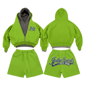 Premium 320 GSM cotton polyester fleece women hoodie short <b>set</b> red grey <b>mesh</b> panel custom print logo Hoodie Shorts <b>Set</b> for Women - Product Image 2