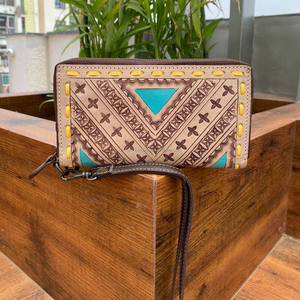 Nouveau portefeuille usiné à la main femmes coque de téléphone élégant en cuir véritable sculpté bracelet pochette portefeuille multi-utilisations portefeuilles occidentaux - Product Image 2