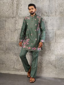 Ocassional wear Premium Pure <b>Silk</b> with Thread-Sequin with Animal-Bird Motif Work <b>Kurta</b>-Payjama Collection Supplier from Surat - Product Image 6