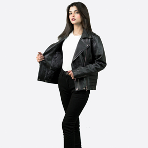 Women's Black Genuine Leather Moto Jacket Full Sleeve Turn-down Collar <b>Zipper</b> Closure Autumn Style - Product Image 3